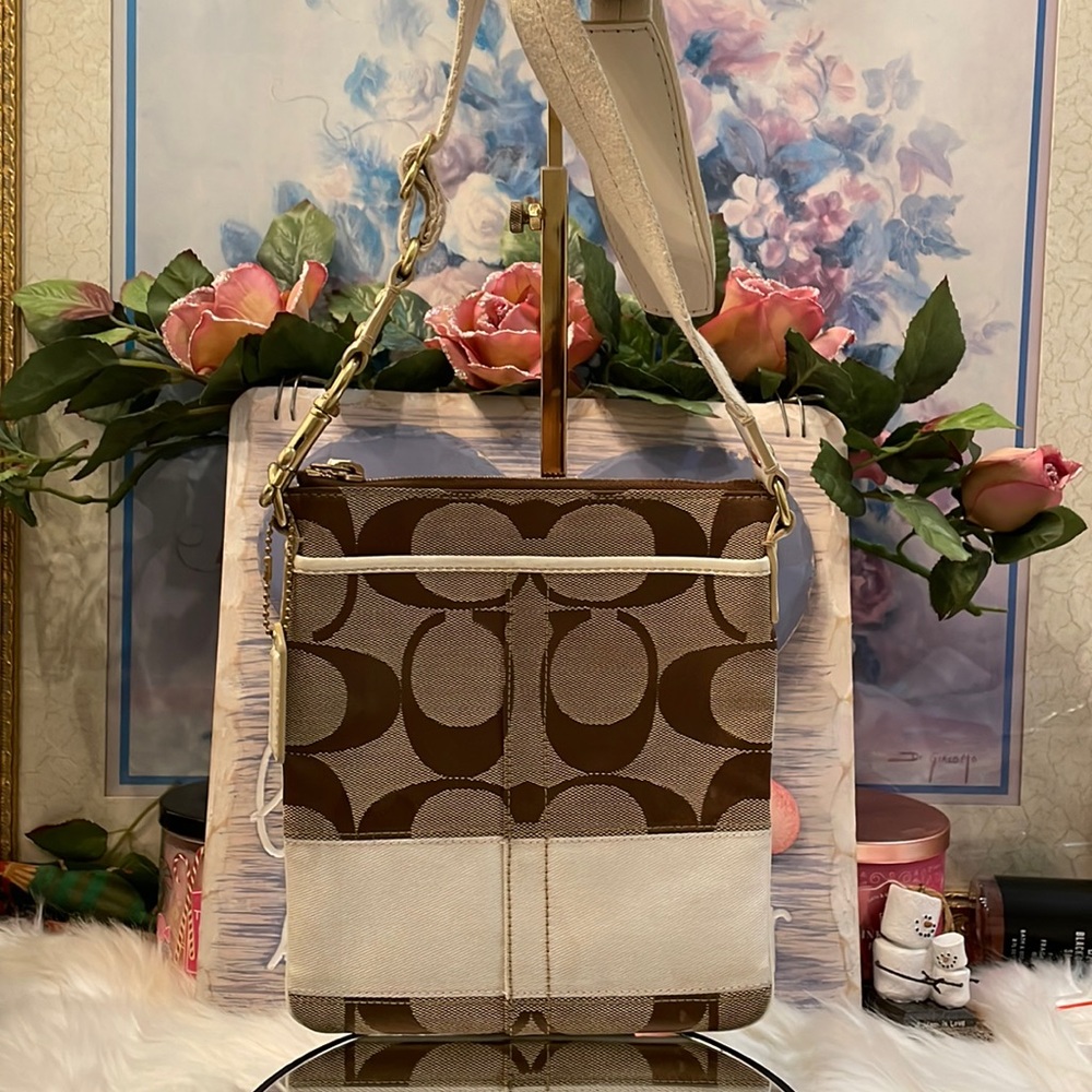 Coach Signature Canvas Crossbody Bag in Brown and Cream